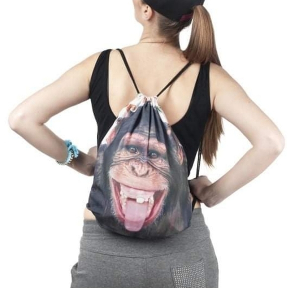 TRÏBE Monkey face drawstring backpack Pink NWT - Picture 2 of 6